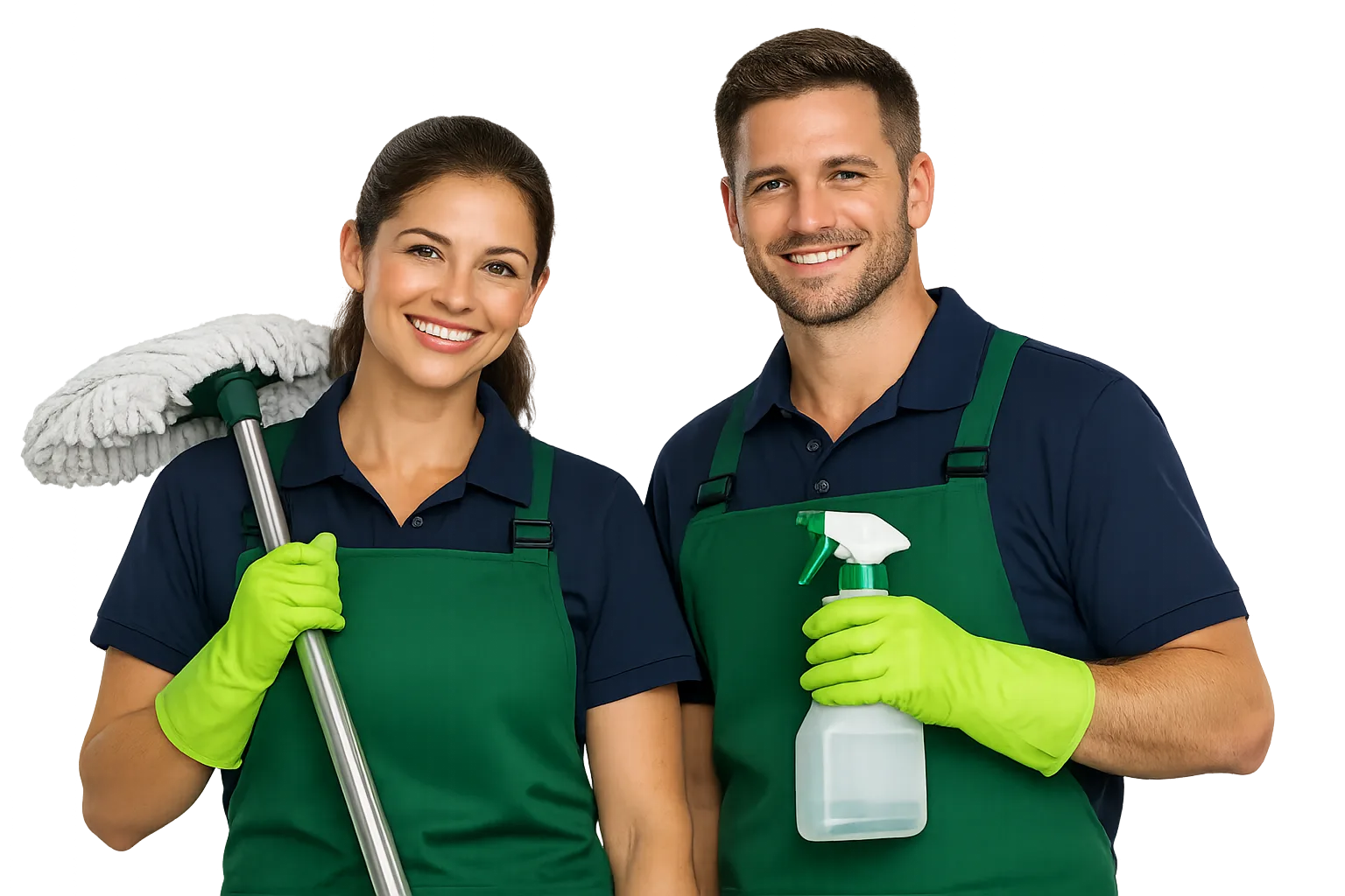Professional cleaning team from Clarus in green uniforms